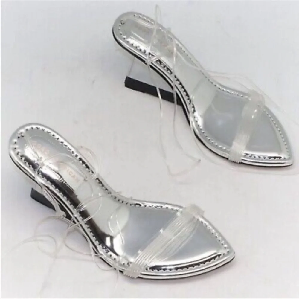 Good American Silver Cinderella Clear Straps Bride Gladiator Heels Formal New 7